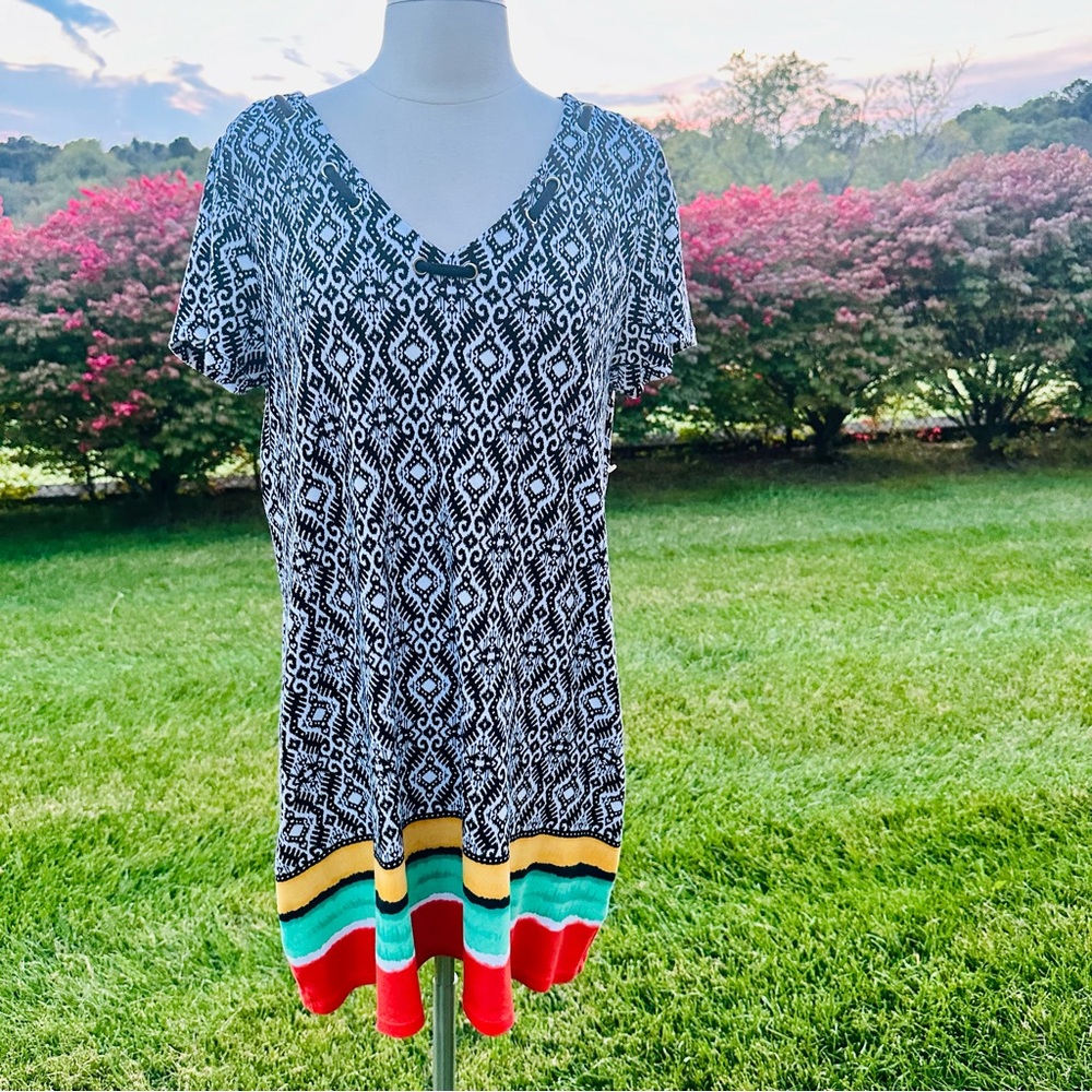 Rafaella Petite Dress Black and White design with yellow, green and red stripes
